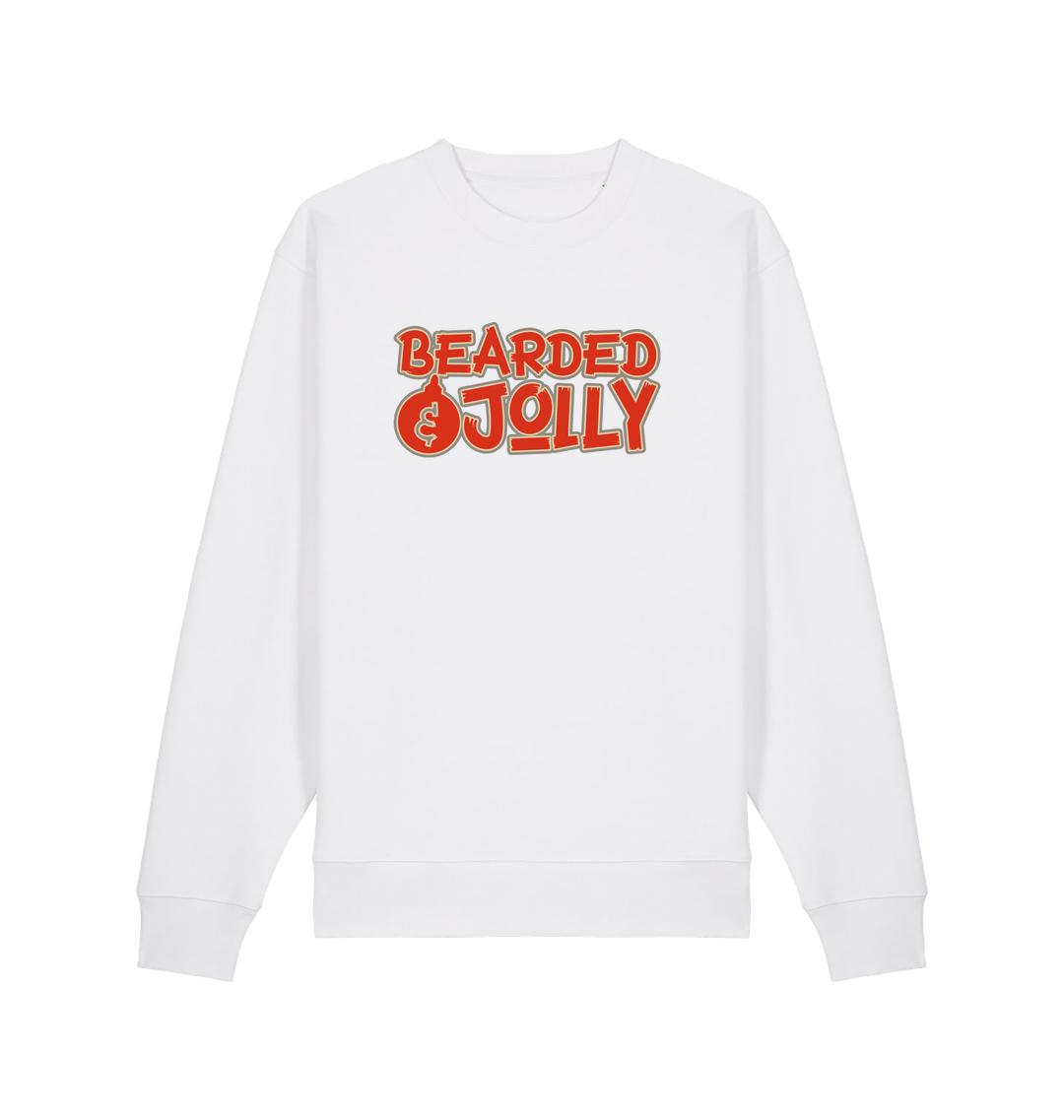 white christmas sweater with the slogan 'bearded and jolly'