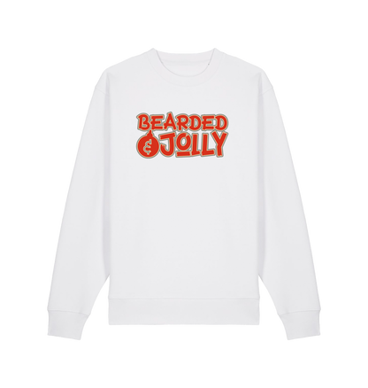 white christmas sweater with the slogan 'bearded and jolly'