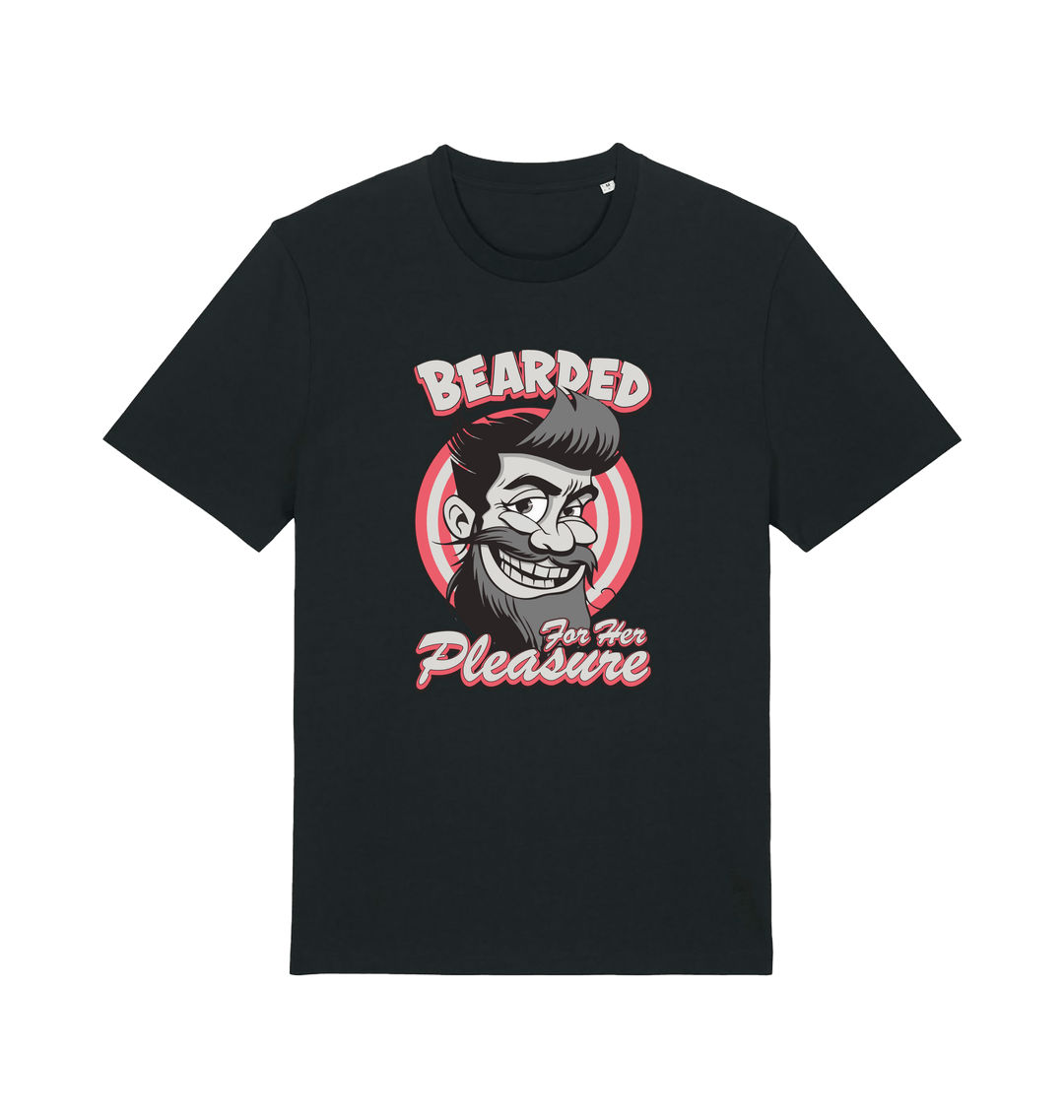 black funny offensive t-shirt featuring a man smiling and the text 'bearded for her pleasure'