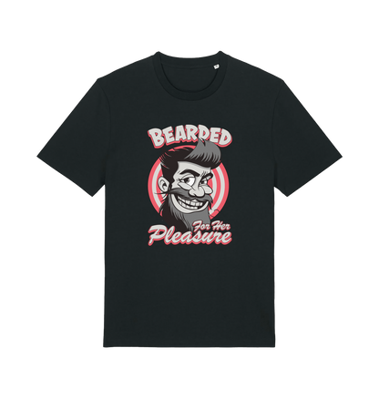black funny offensive t-shirt featuring a man smiling and the text 'bearded for her pleasure'