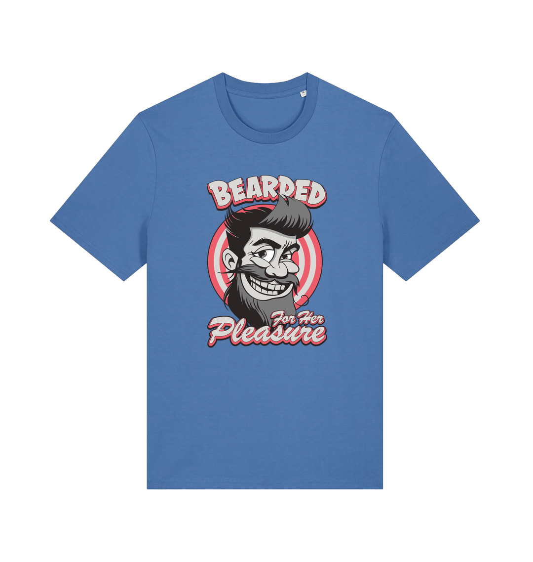 blue funny offensive t-shirt featuring a man smiling and the text 'bearded for her pleasure'