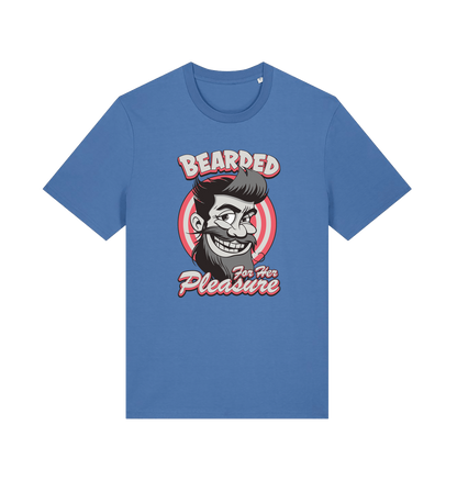 blue funny offensive t-shirt featuring a man smiling and the text 'bearded for her pleasure'