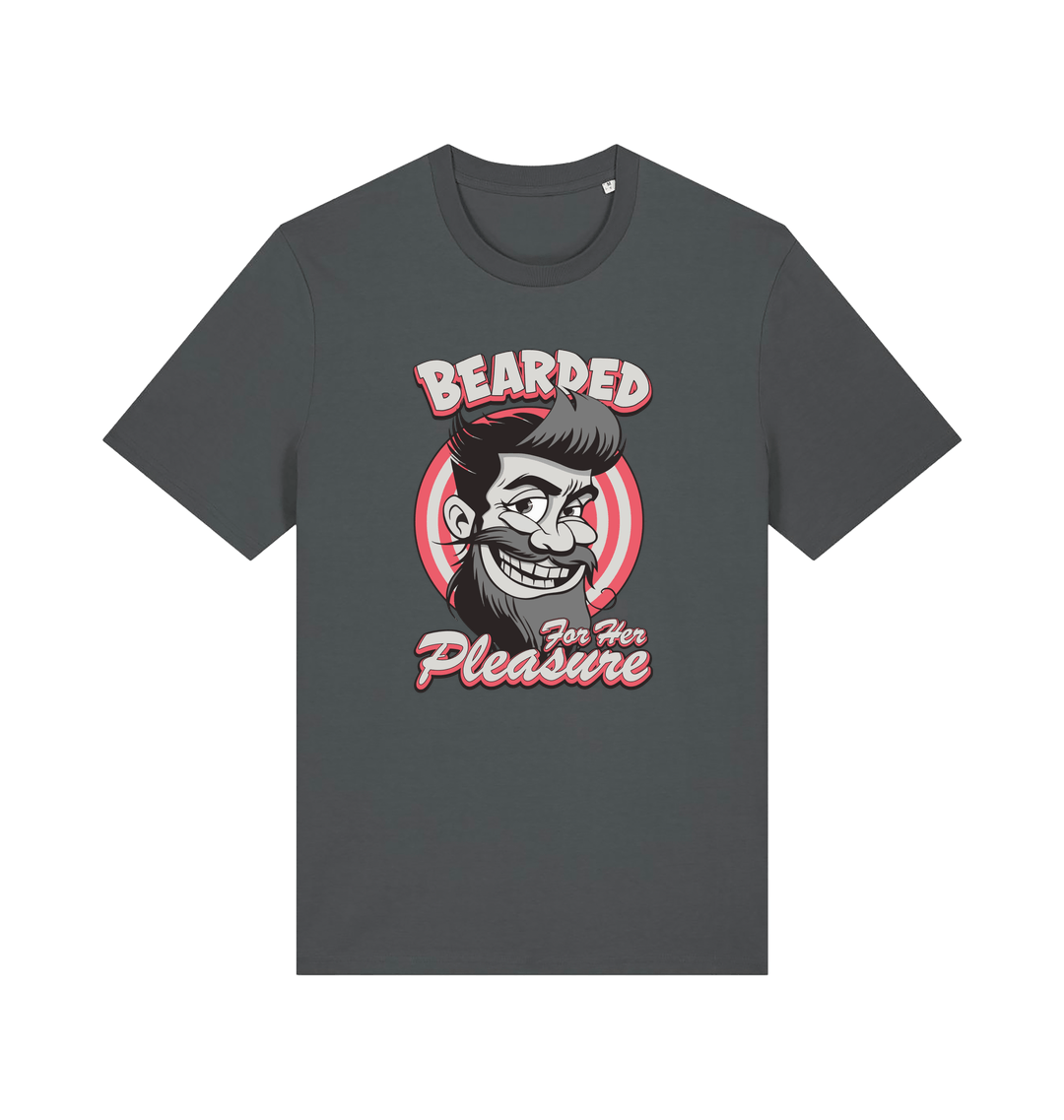 gray funny offensive t-shirt featuring a man smiling and the text 'bearded for her pleasure'