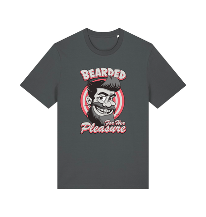 gray funny offensive t-shirt featuring a man smiling and the text 'bearded for her pleasure'