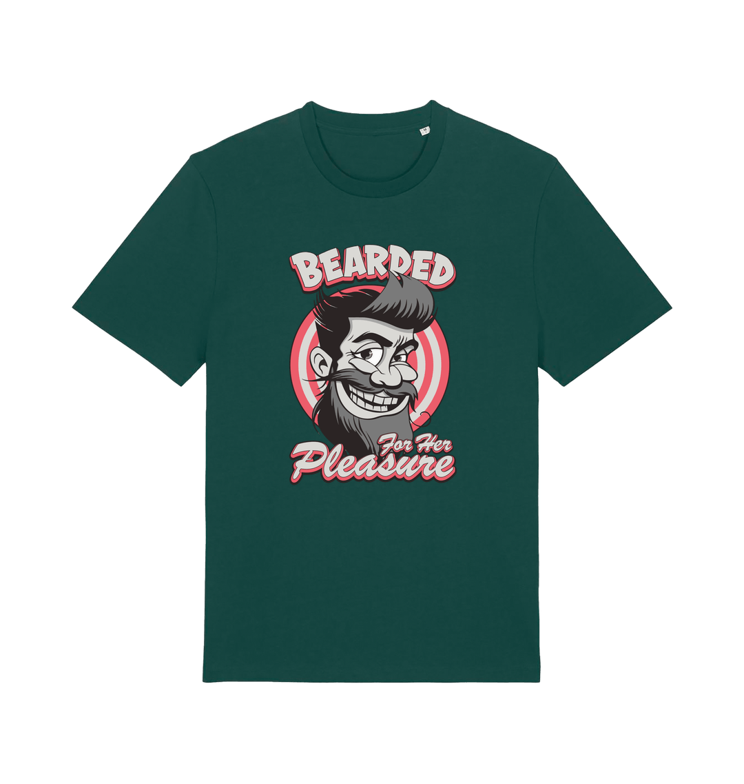 green funny offensive t-shirt featuring a man smiling and the text 'bearded for her pleasure'