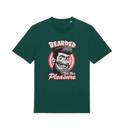 green funny offensive t-shirt featuring a man smiling and the text 'bearded for her pleasure'