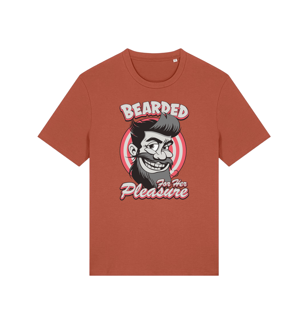 brown funny offensive t-shirt featuring a man smiling and the text 'bearded for her pleasure'