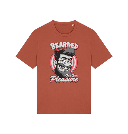 brown funny offensive t-shirt featuring a man smiling and the text 'bearded for her pleasure'