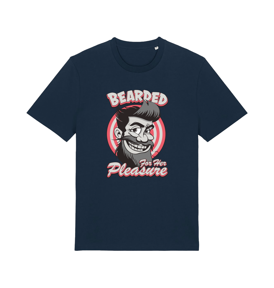  navy funny offensive t-shirt featuring a man smiling and the text 'bearded for her pleasure'