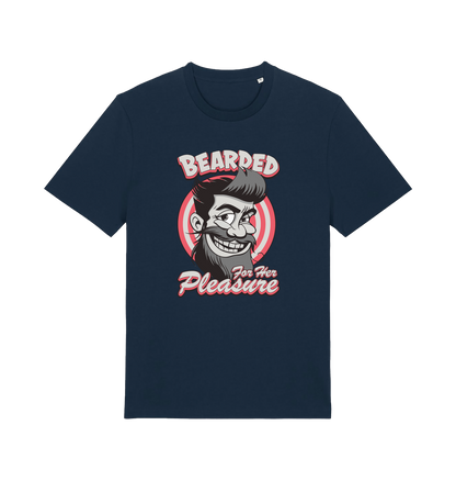  navy funny offensive t-shirt featuring a man smiling and the text 'bearded for her pleasure'