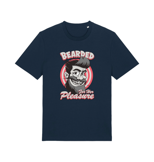  navy funny offensive t-shirt featuring a man smiling and the text 'bearded for her pleasure'