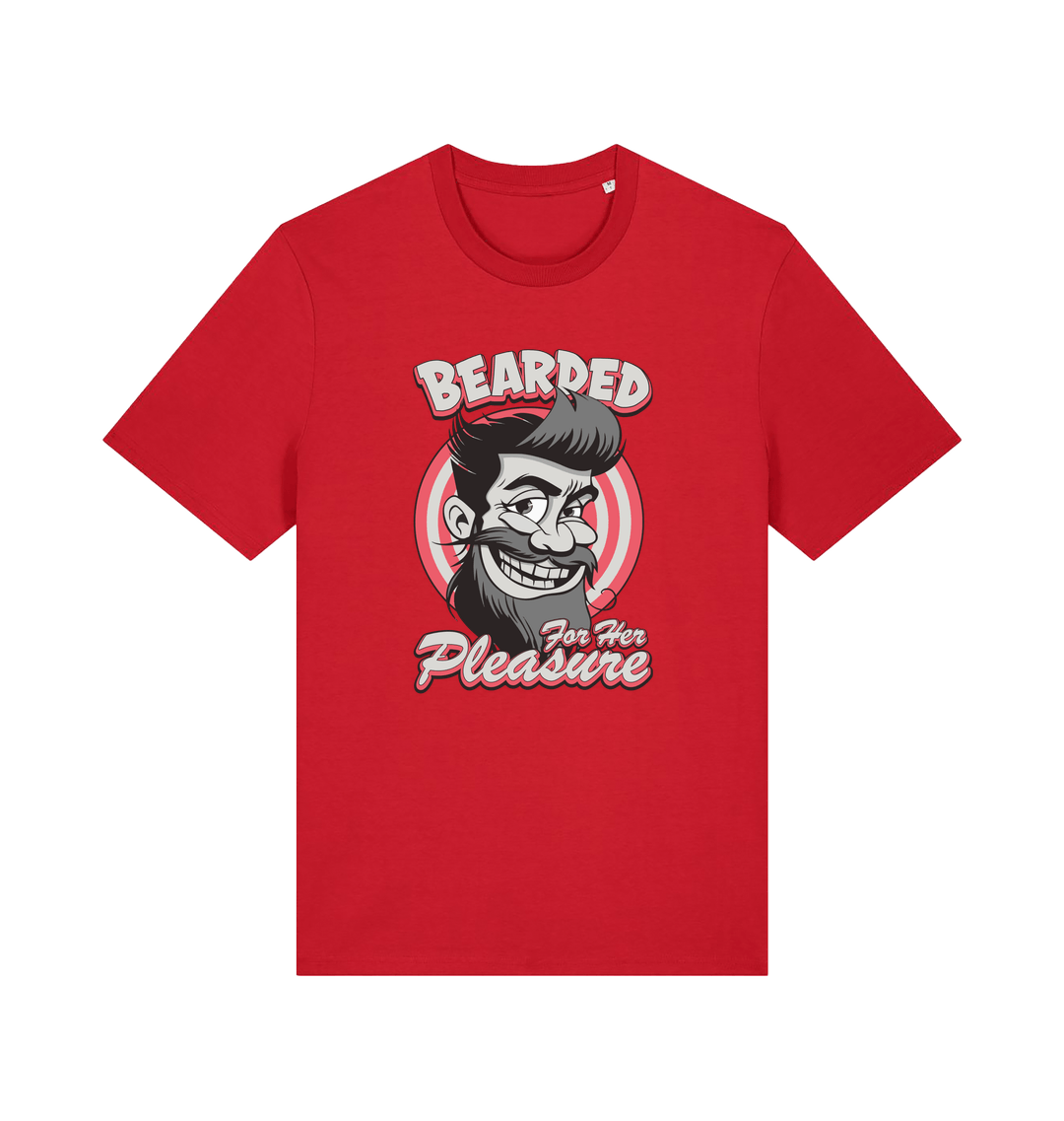 red funny offensive t-shirt featuring a man smiling and the text 'bearded for her pleasure'