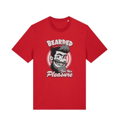 red funny offensive t-shirt featuring a man smiling and the text 'bearded for her pleasure'