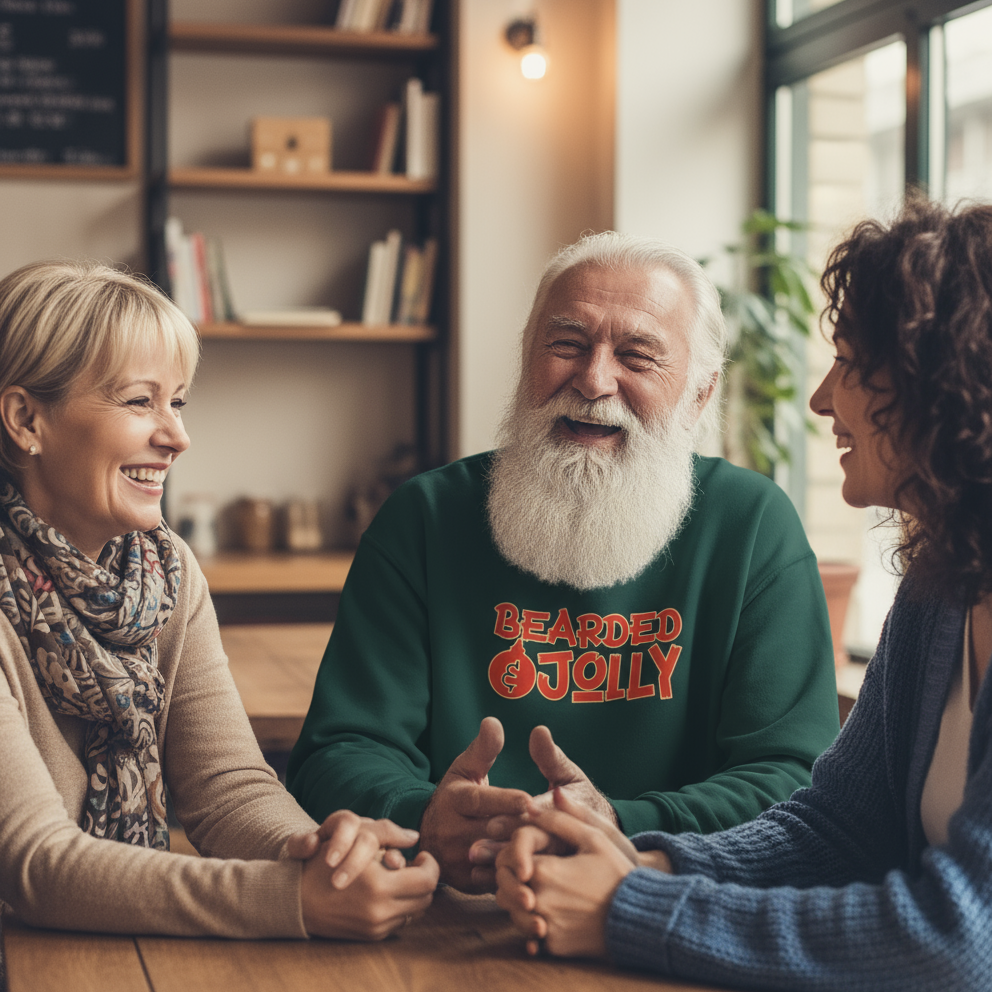 Man with a beard wearing a sweater with 'Bearded and Jolly' text sitting between two people in a cozy indoor setting.