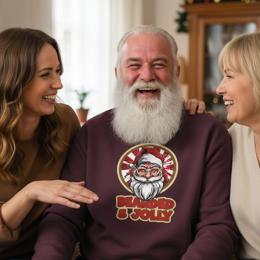 Man wearing a 'Bearded & Jolly' sweater with two women smiling around him.