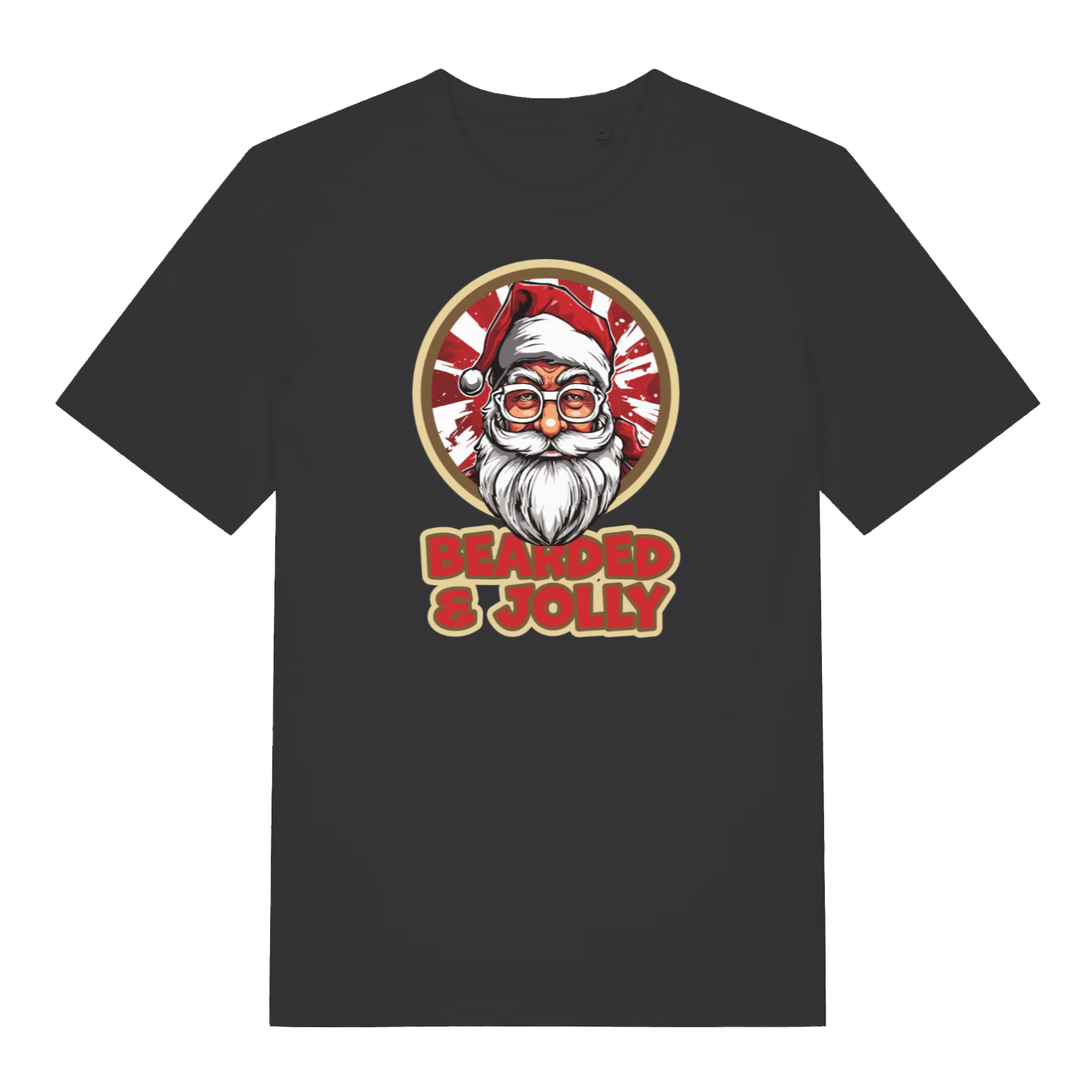 black christmas t-shirt with the graphic of santa claus and the slogan 'bearded and jolly'