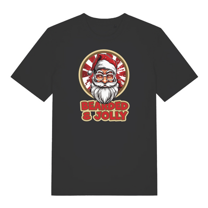 black christmas t-shirt with the graphic of santa claus and the slogan 'bearded and jolly'