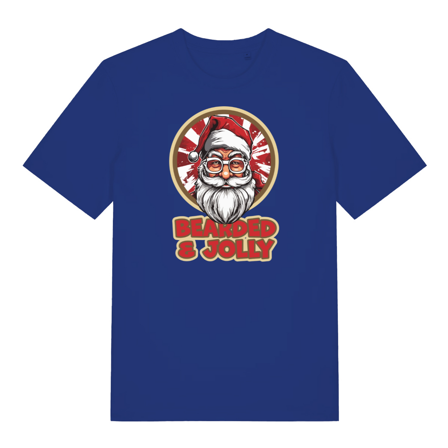 blue christmas t-shirt with the graphic of santa claus and the slogan 'bearded and jolly'