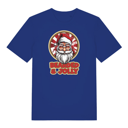 blue christmas t-shirt with the graphic of santa claus and the slogan 'bearded and jolly'