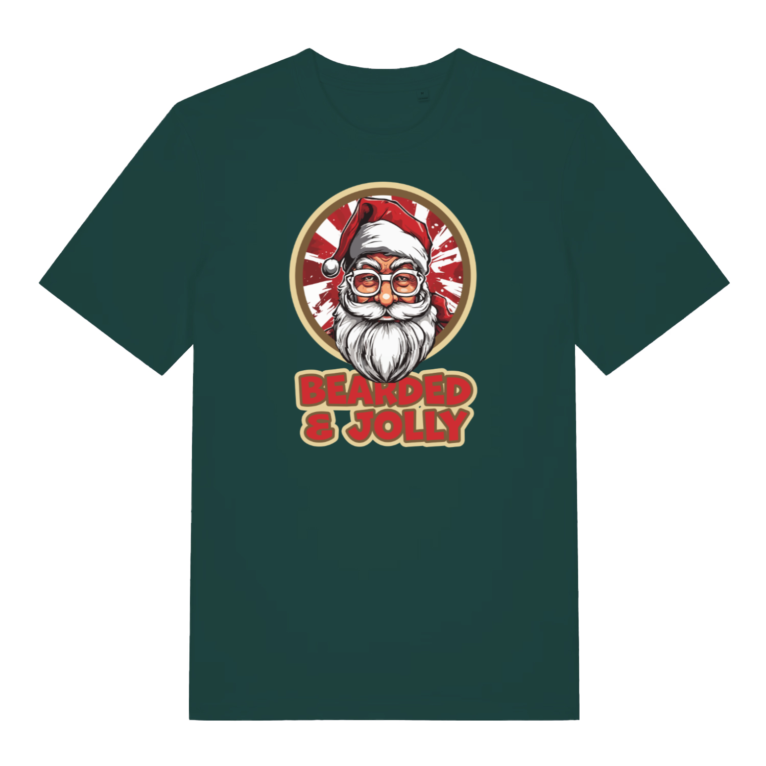 green christmas t-shirt with the graphic of santa claus and the slogan 'bearded and jolly'