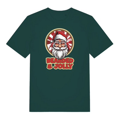 green christmas t-shirt with the graphic of santa claus and the slogan 'bearded and jolly'