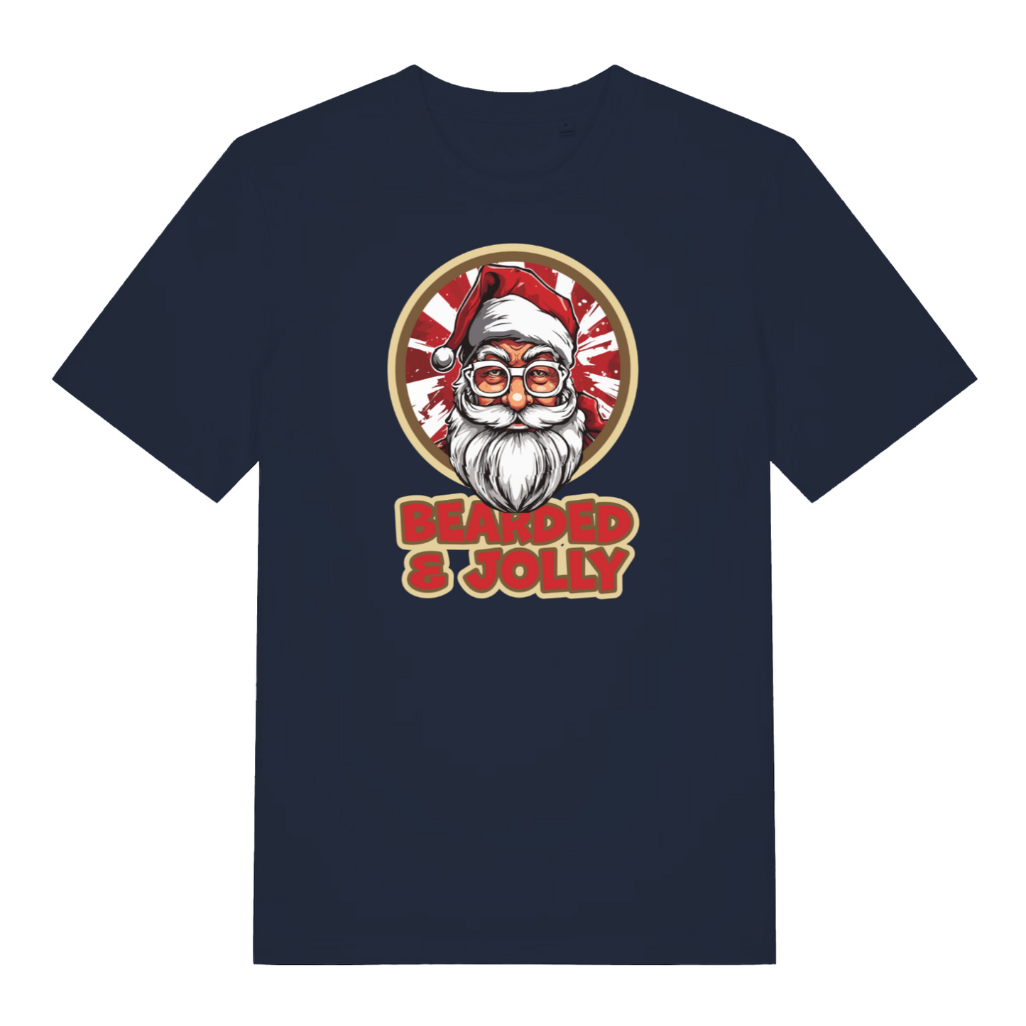 navy christmas t-shirt with the graphic of santa claus and the slogan 'bearded and jolly'
