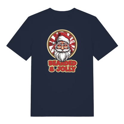 navy christmas t-shirt with the graphic of santa claus and the slogan 'bearded and jolly'