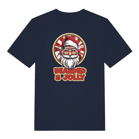 navy christmas t-shirt with the graphic of santa claus and the slogan 'bearded and jolly'