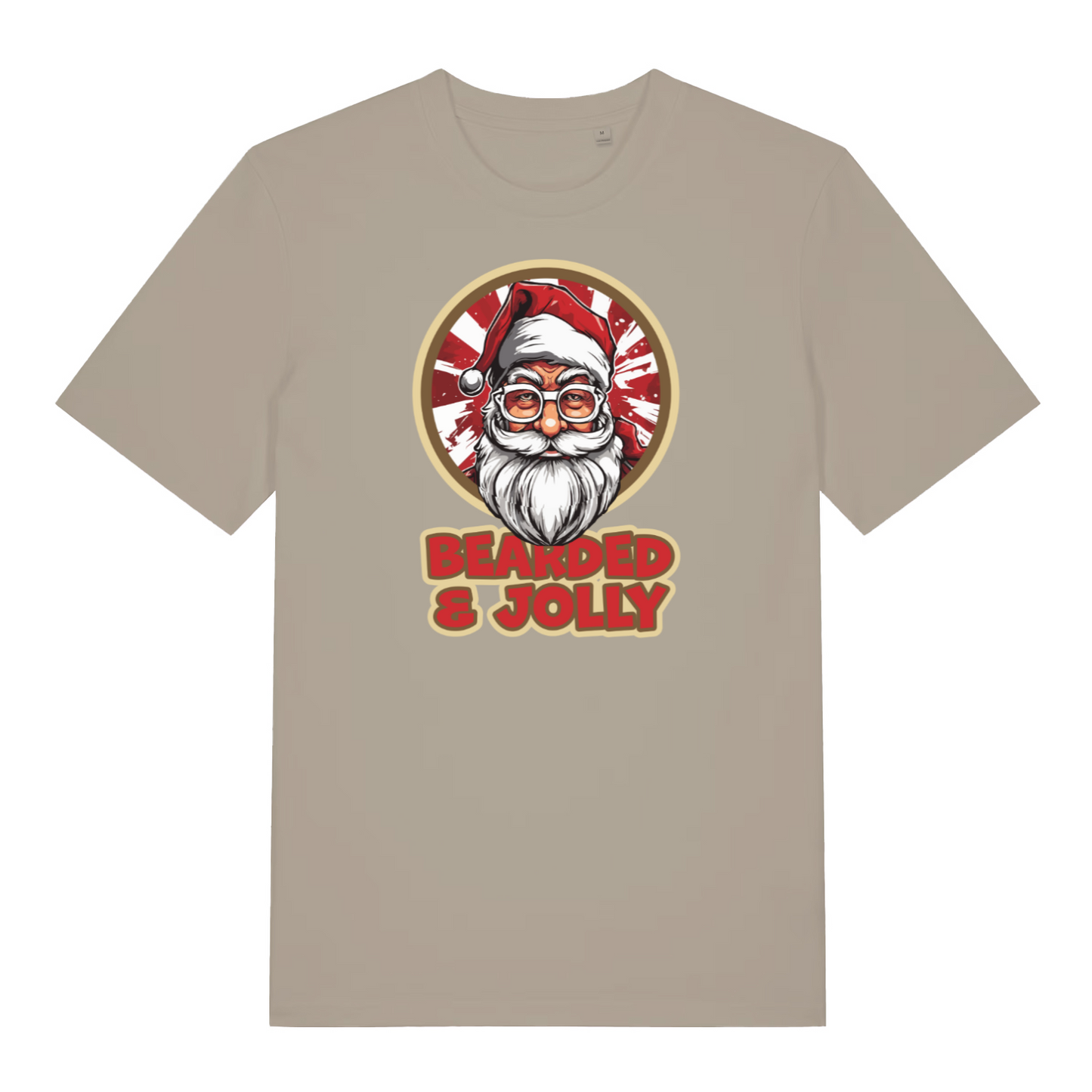 stone christmas t-shirt with the graphic of santa claus and the slogan 'bearded and jolly'