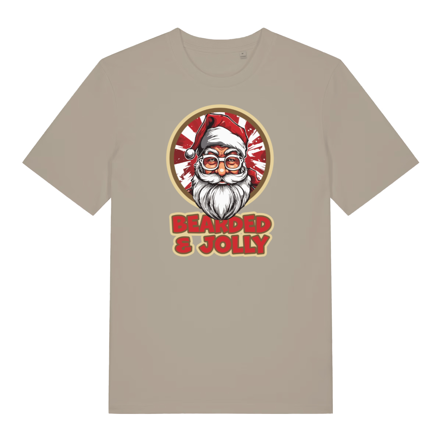 stone christmas t-shirt with the graphic of santa claus and the slogan 'bearded and jolly'
