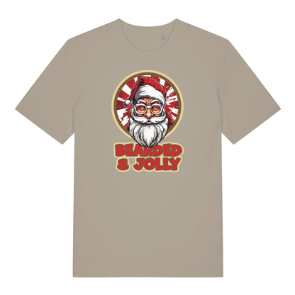 stone christmas t-shirt with the graphic of santa claus and the slogan 'bearded and jolly'