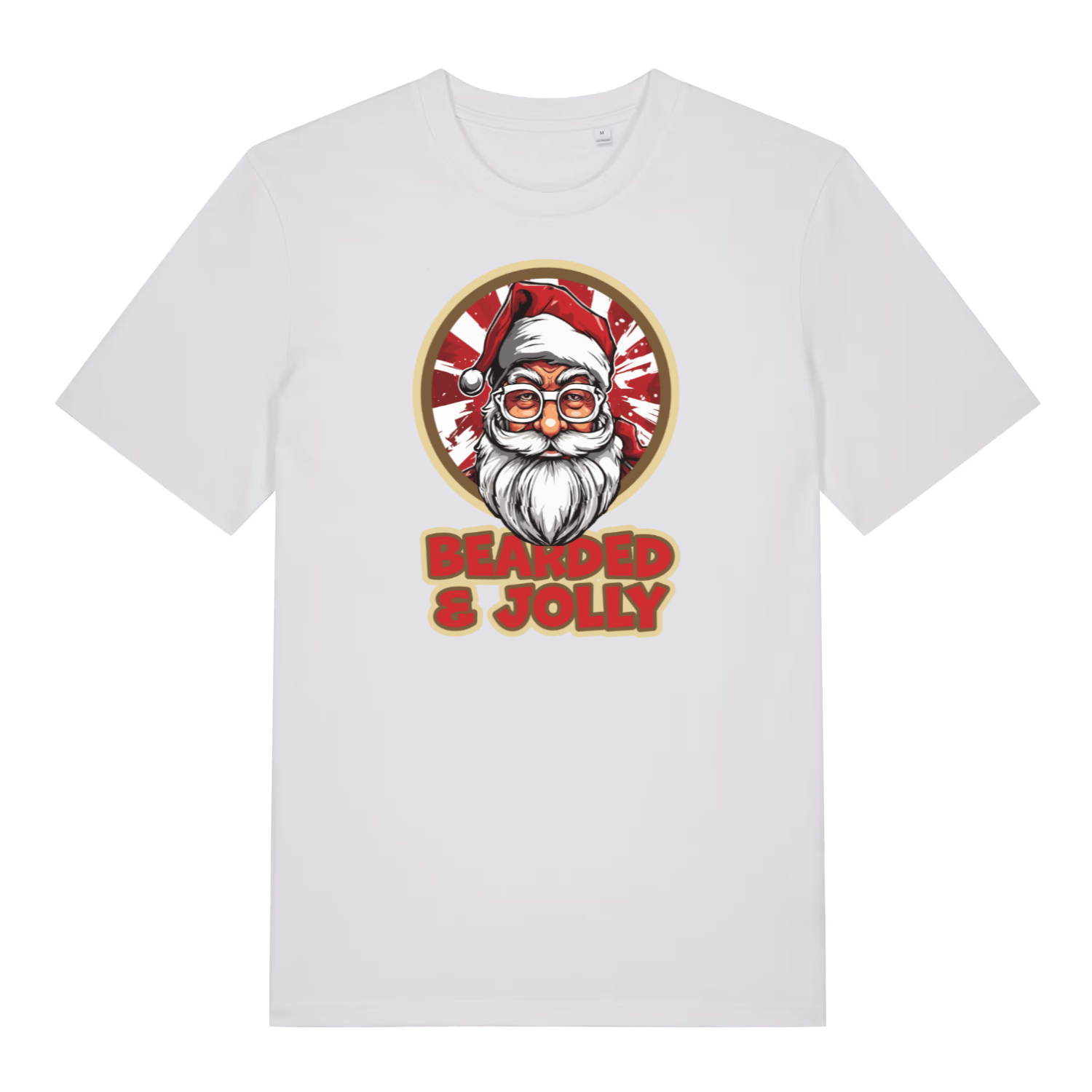 white christmas t-shirt with the graphic of santa claus and the slogan 'bearded and jolly'