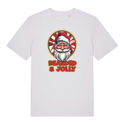 white christmas t-shirt with the graphic of santa claus and the slogan 'bearded and jolly'
