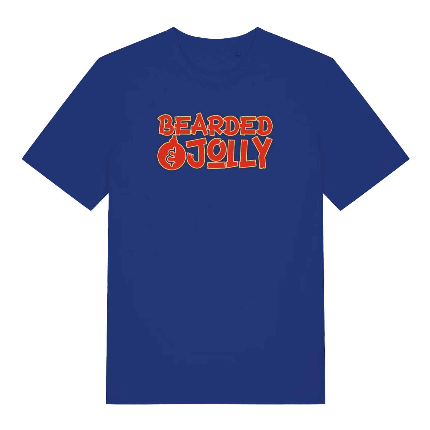 blue xmas t-shirt with the slogan 'bearded and jolly'