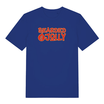 blue xmas t-shirt with the slogan 'bearded and jolly'