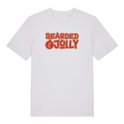 white xmas t-shirt with the slogan 'bearded and jolly'