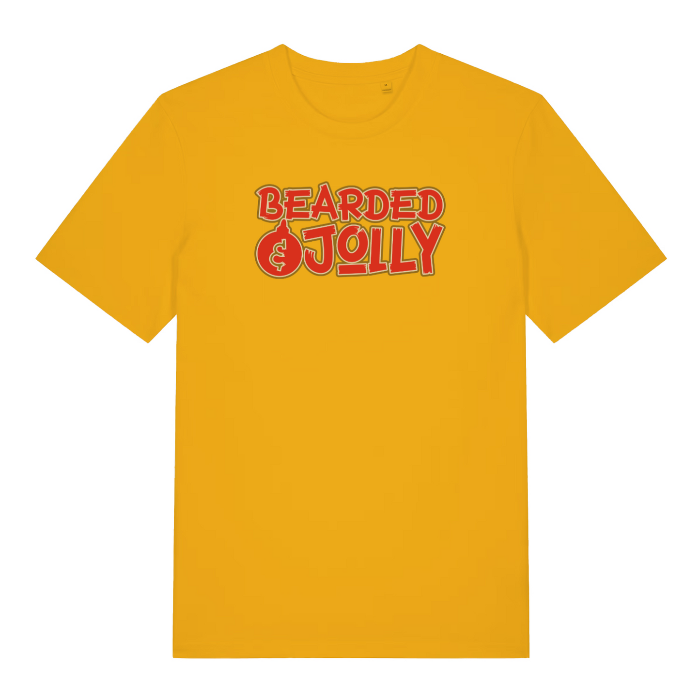 yellow xmas t-shirt with the slogan 'bearded and jolly'