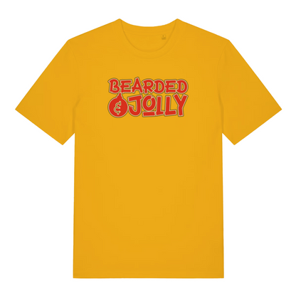 yellow xmas t-shirt with the slogan 'bearded and jolly'