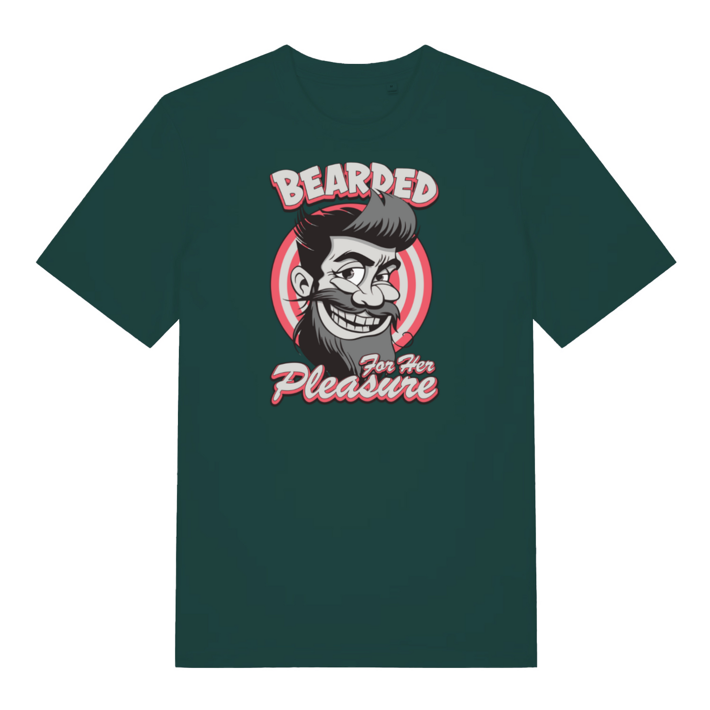 green funny offensive t-shirt with the graphic of a man with a beard smiling and the slogan 'bearded for her pleasure'