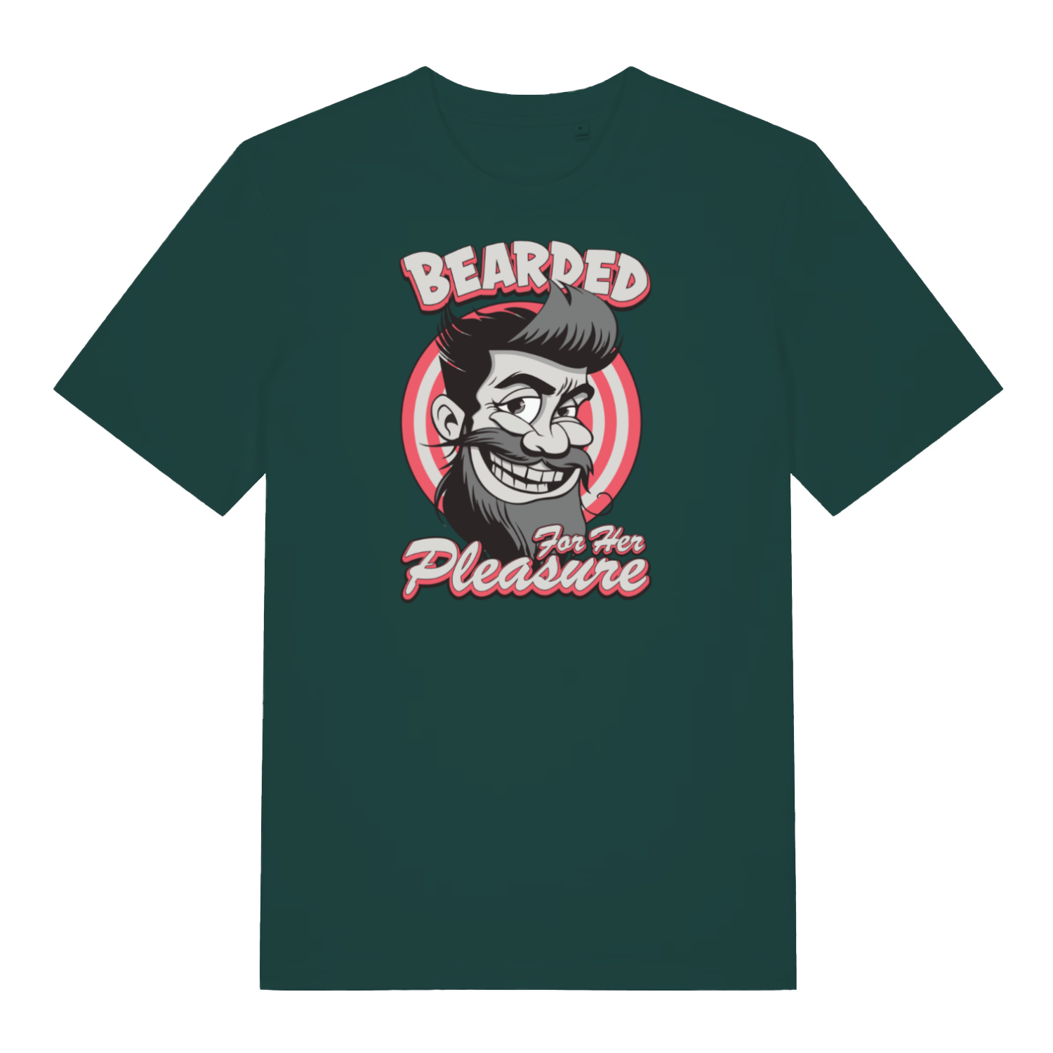 green funny offensive t-shirt with the graphic of a man with a beard smiling and the slogan 'bearded for her pleasure'