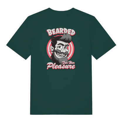 green funny offensive t-shirt with the graphic of a man with a beard smiling and the slogan 'bearded for her pleasure'