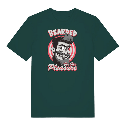 green funny offensive t-shirt with the graphic of a man with a beard smiling and the slogan 'bearded for her pleasure'