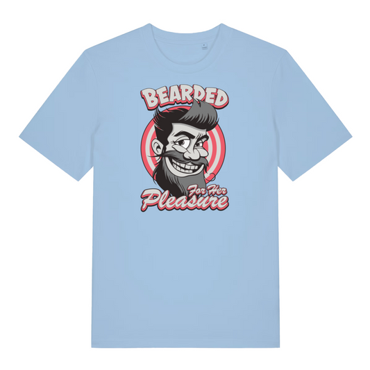 light blue funny offensive t-shirt with the graphic of a man with a beard smiling and the slogan 'bearded for her pleasure'