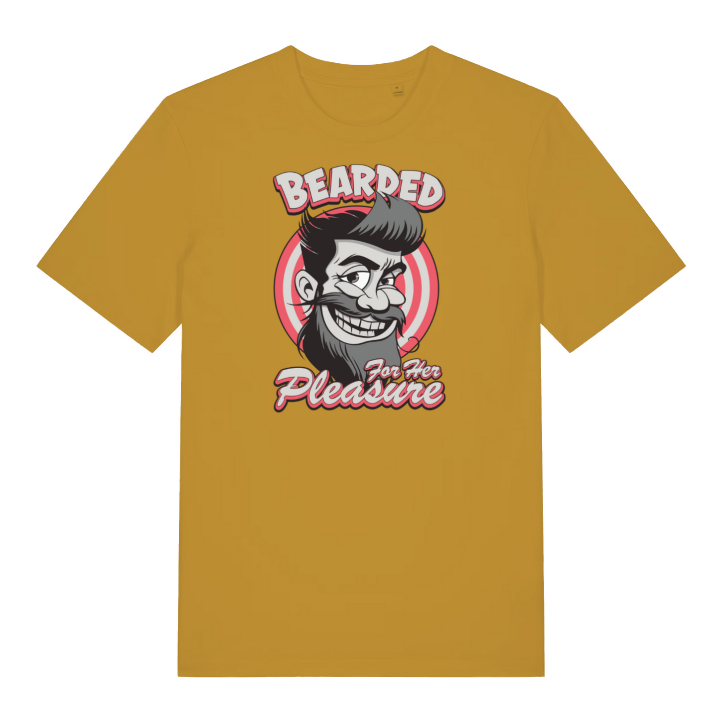 mustard funny offensive t-shirt with the graphic of a man with a beard smiling and the slogan 'bearded for her pleasure'