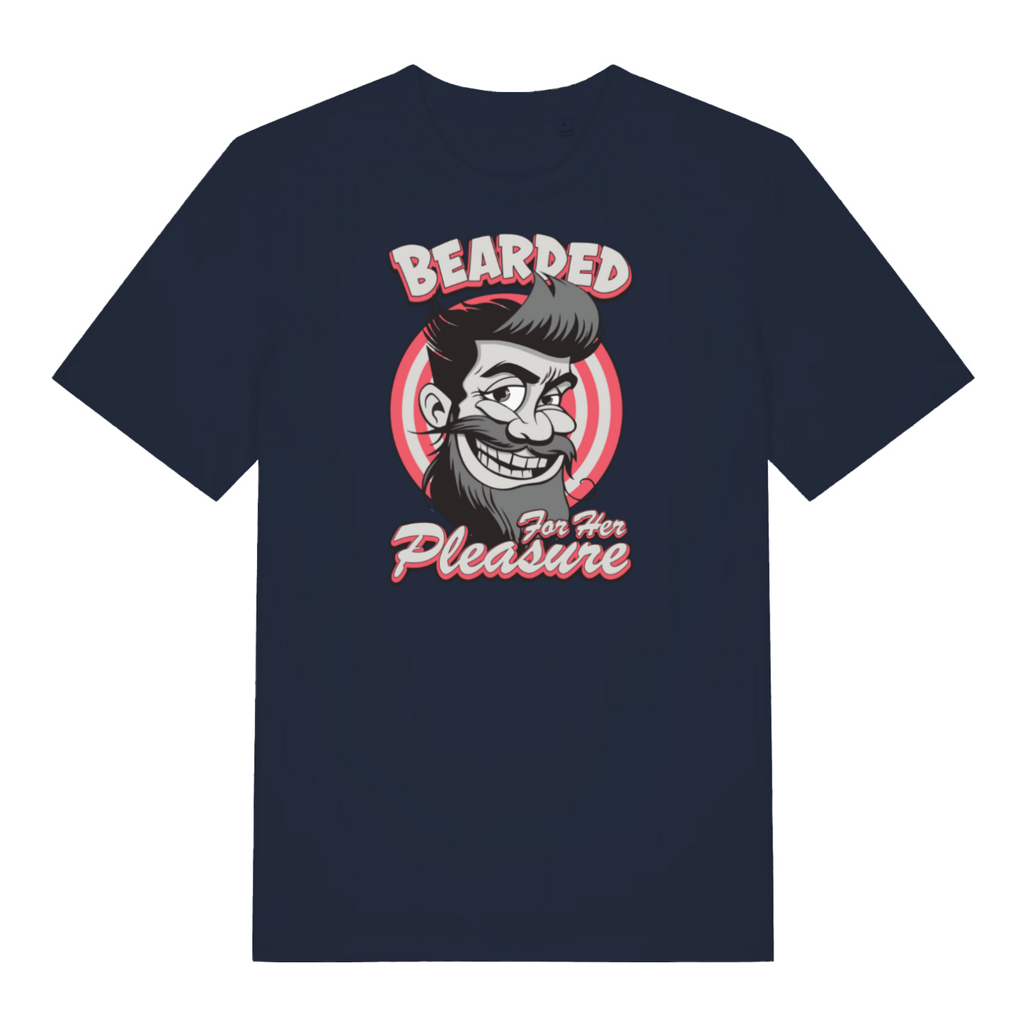 navy funny offensive t-shirt with the graphic of a man with a beard smiling and the slogan 'bearded for her pleasure'
