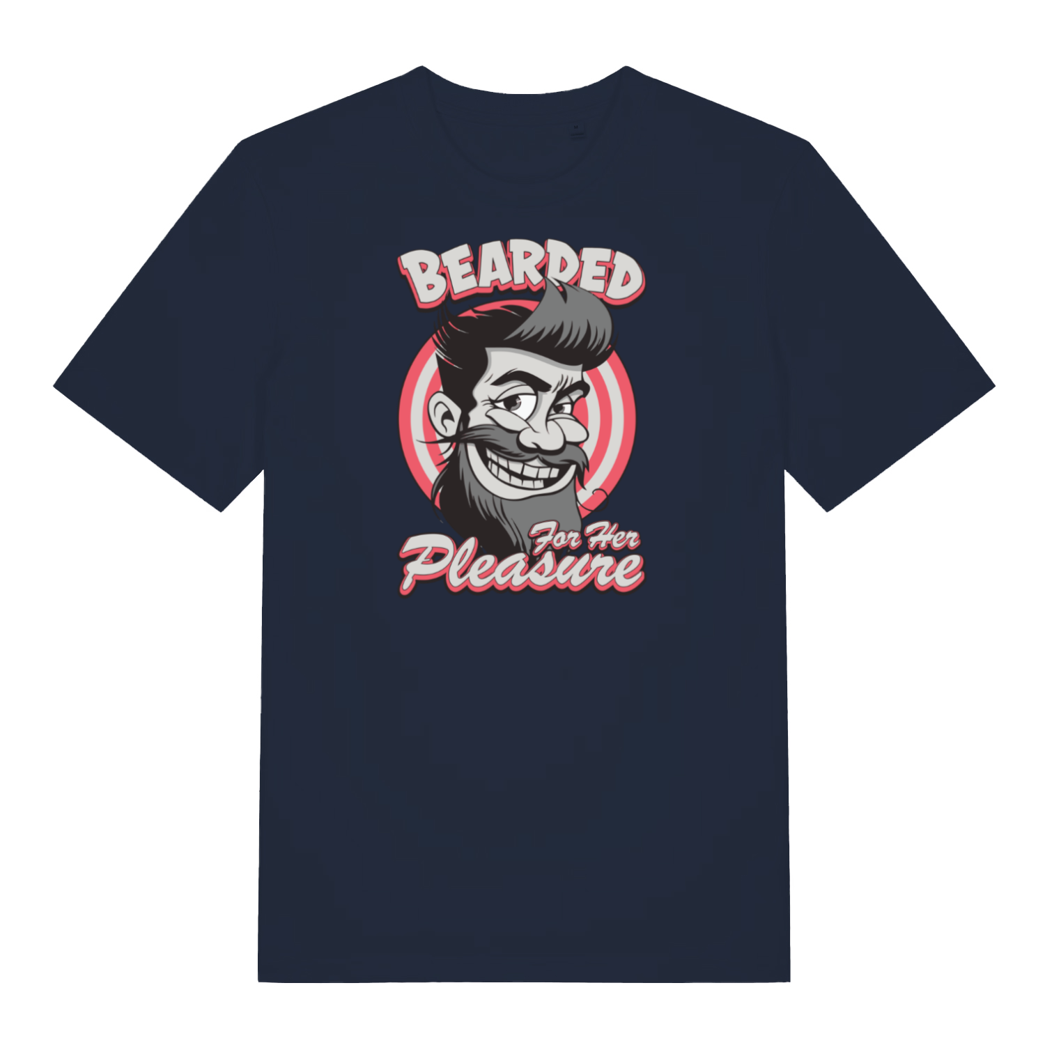navy funny offensive t-shirt with the graphic of a man with a beard smiling and the slogan 'bearded for her pleasure'