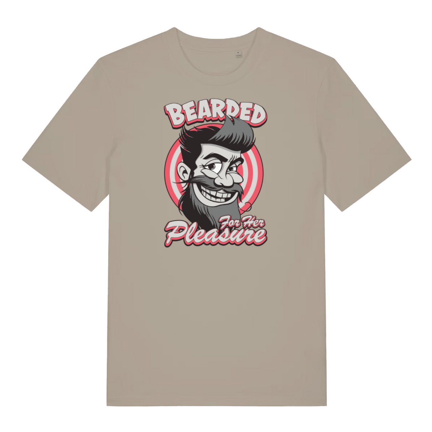 stone funny offensive t-shirt with the graphic of a man with a beard smiling and the slogan 'bearded for her pleasure'