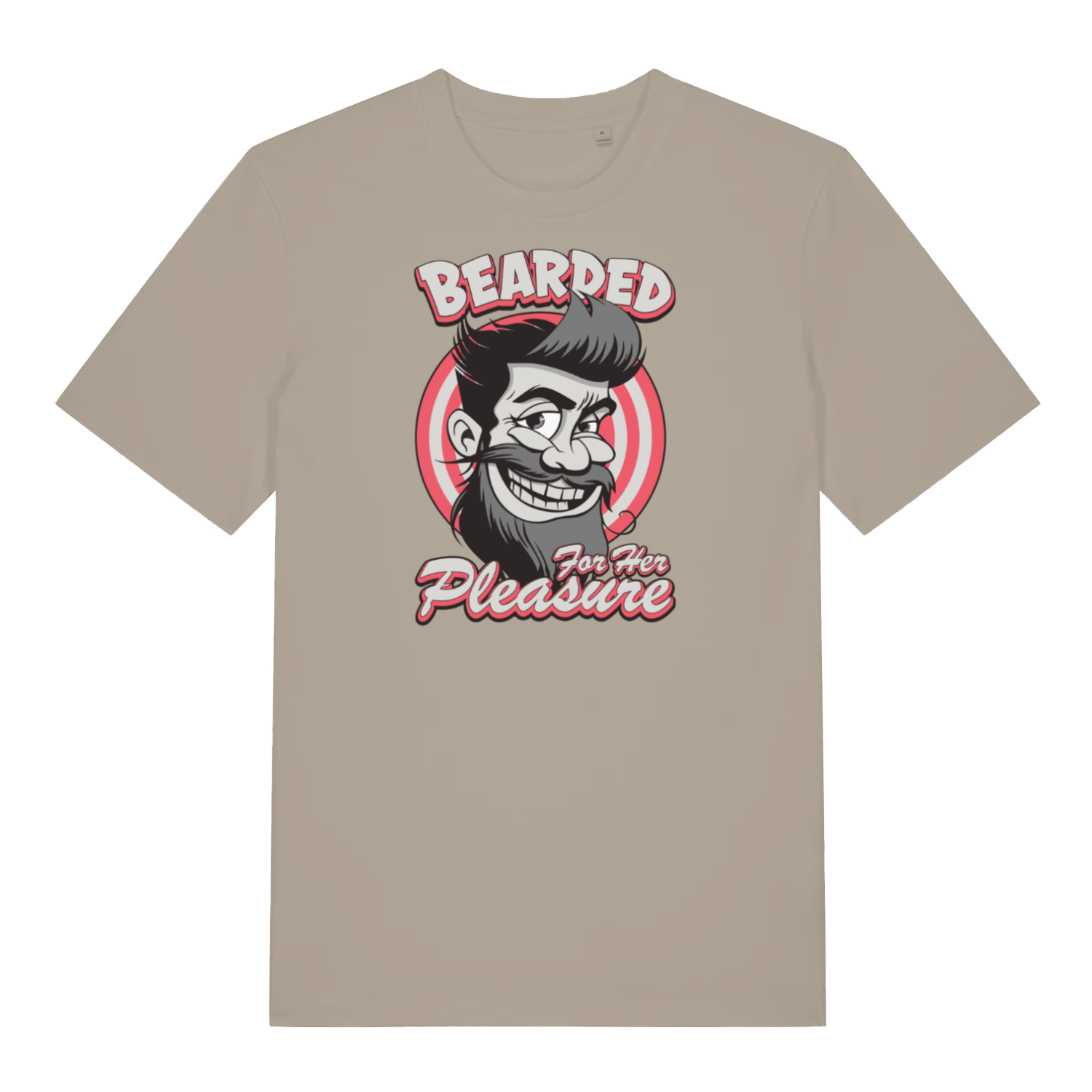 stone funny offensive t-shirt with the graphic of a man with a beard smiling and the slogan 'bearded for her pleasure'