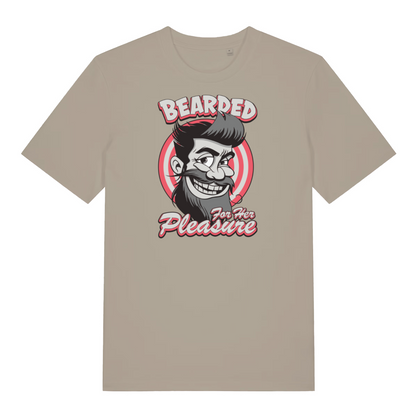 stone funny offensive t-shirt with the graphic of a man with a beard smiling and the slogan 'bearded for her pleasure'