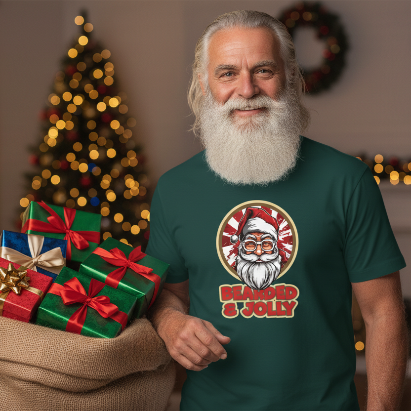 Man wearing a 'Bearded & Jolly' santa t-shirt with Christmas decorations in the background